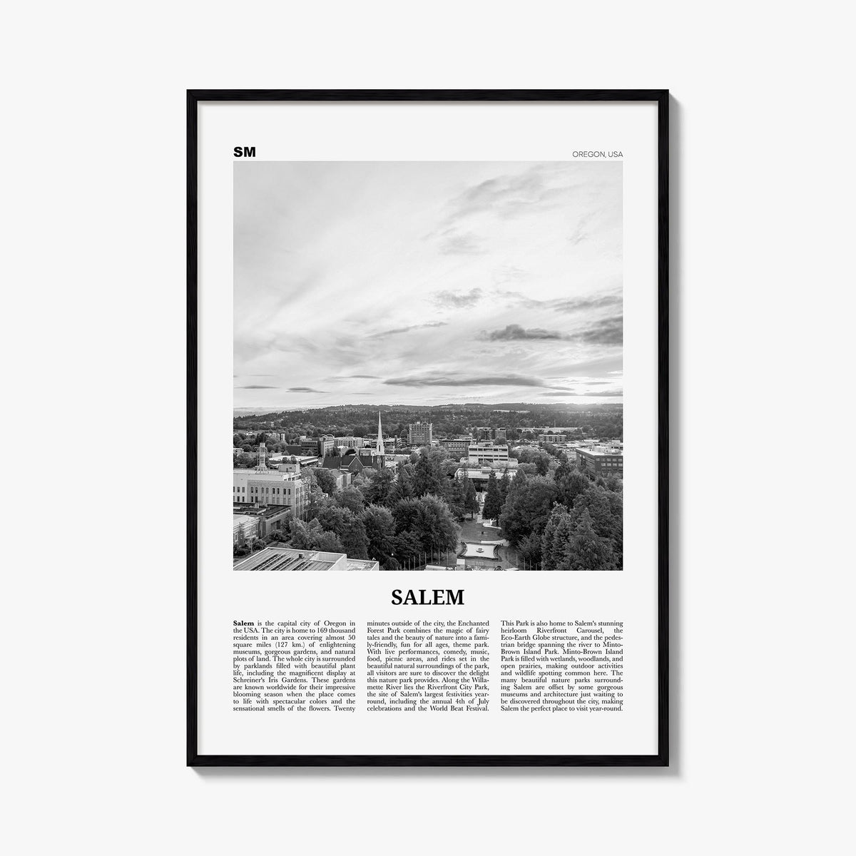 Salem, Oregon black & white newspaper poster of Oregon, USA – vertical wall art, unframed print shown in interior mockup