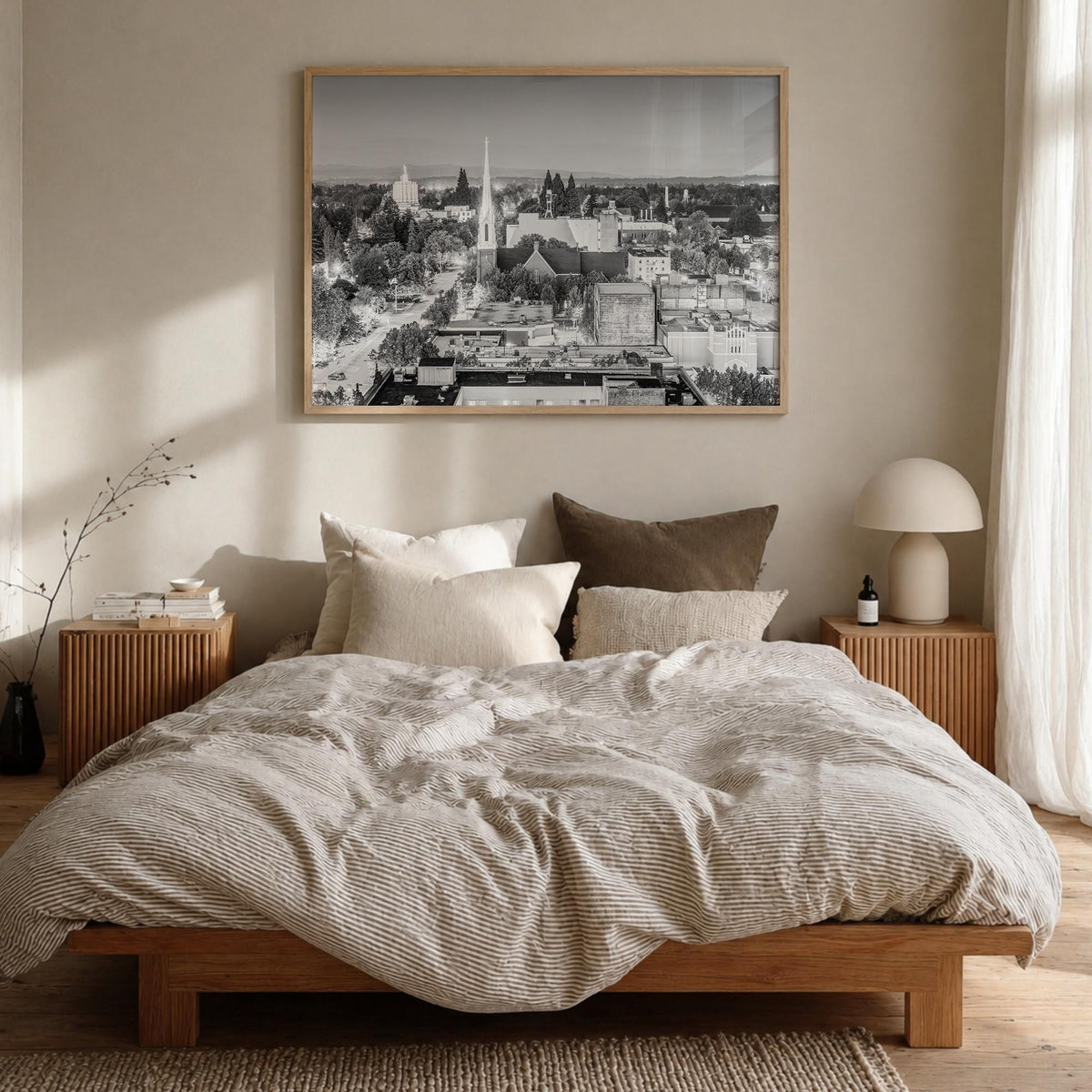 Salem, Oregon black & white photo poster of Oregon, USA – horizontal wall art in natural wood frame, hanging on wall