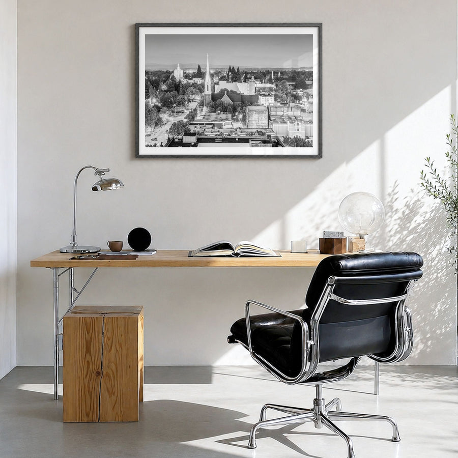 Salem, Oregon Photo Poster in a black wood frame, hanging in a bright home office, white border