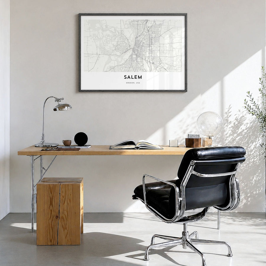 Salem, Oregon Map Poster in a black wood frame, hanging in a bright home office