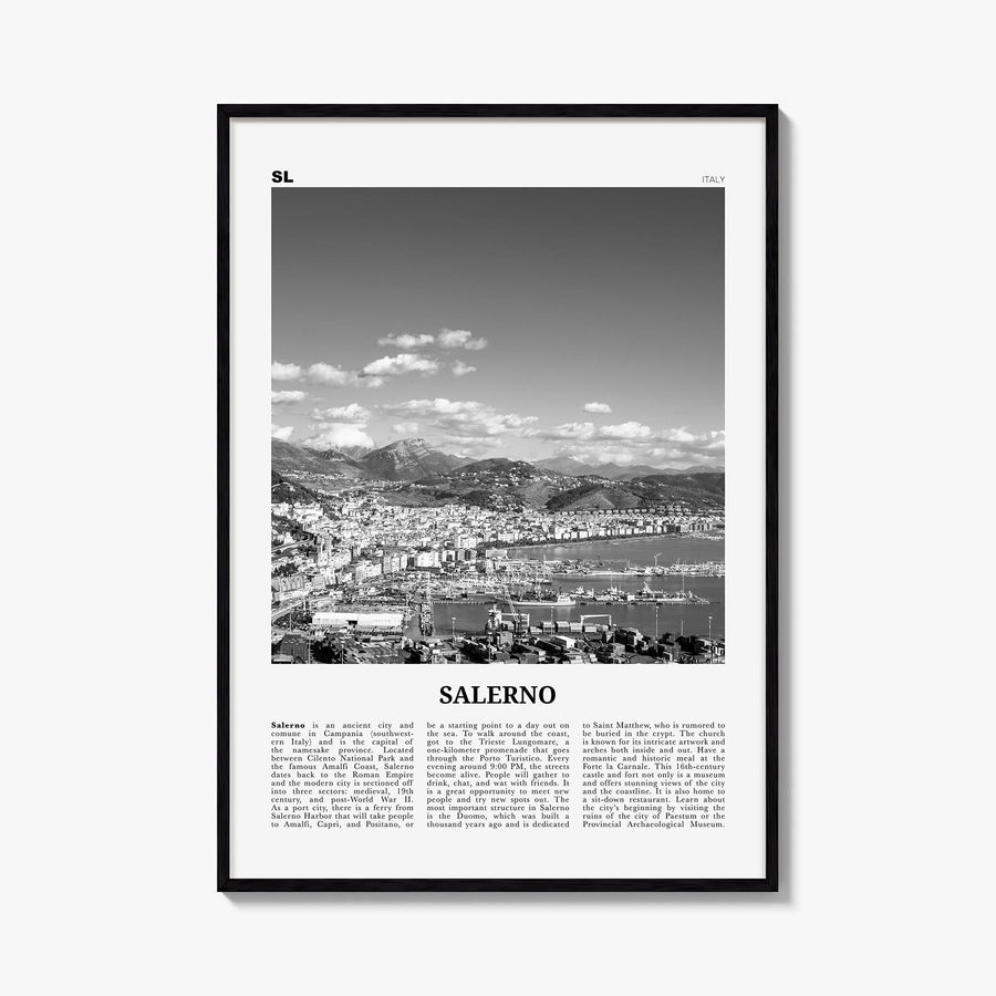 Salerno black & white newspaper poster of Italy – vertical wall art, unframed print shown in interior mockup