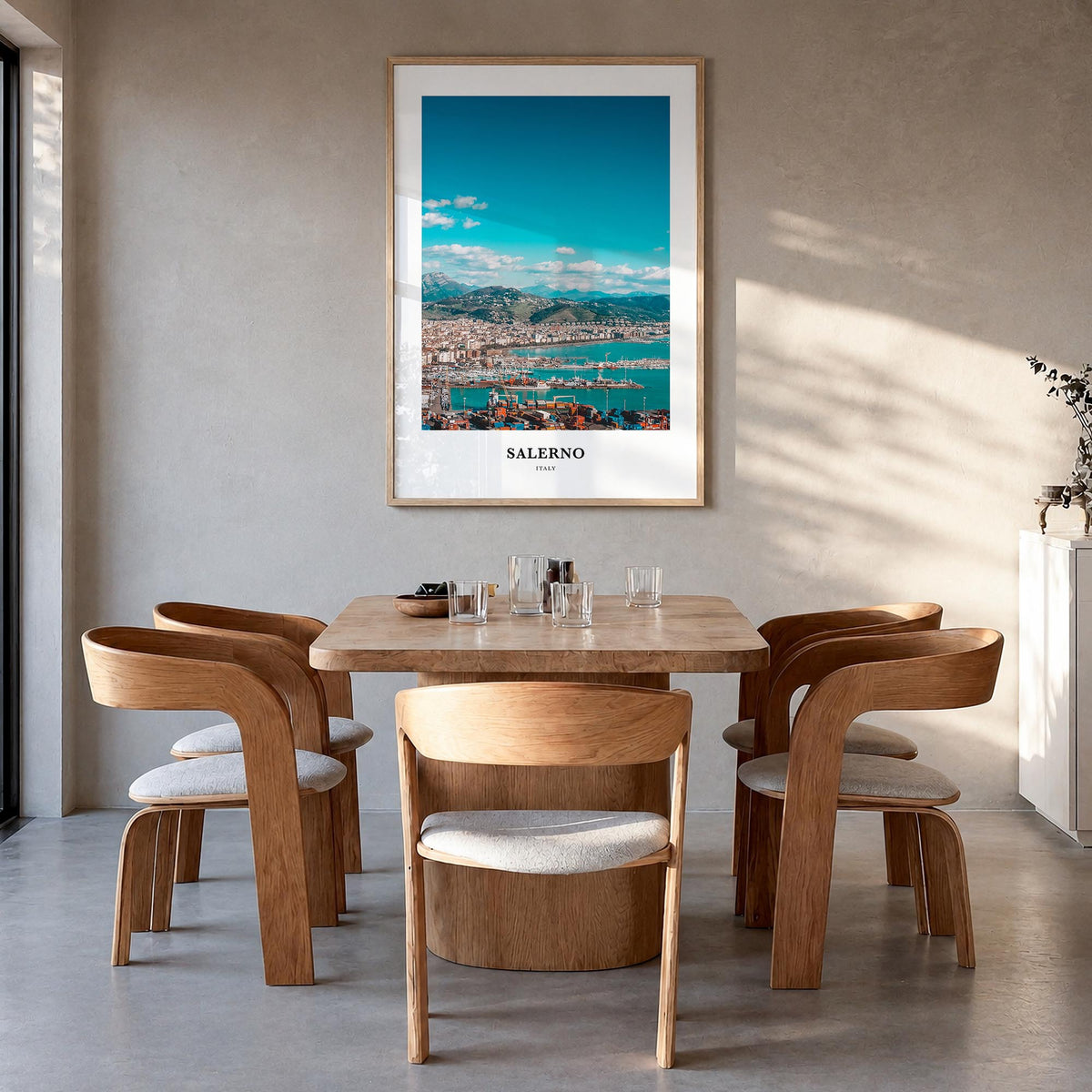 Salerno colorful classic poster of Italy – vertical wall art in natural wood frame, hanging on wall