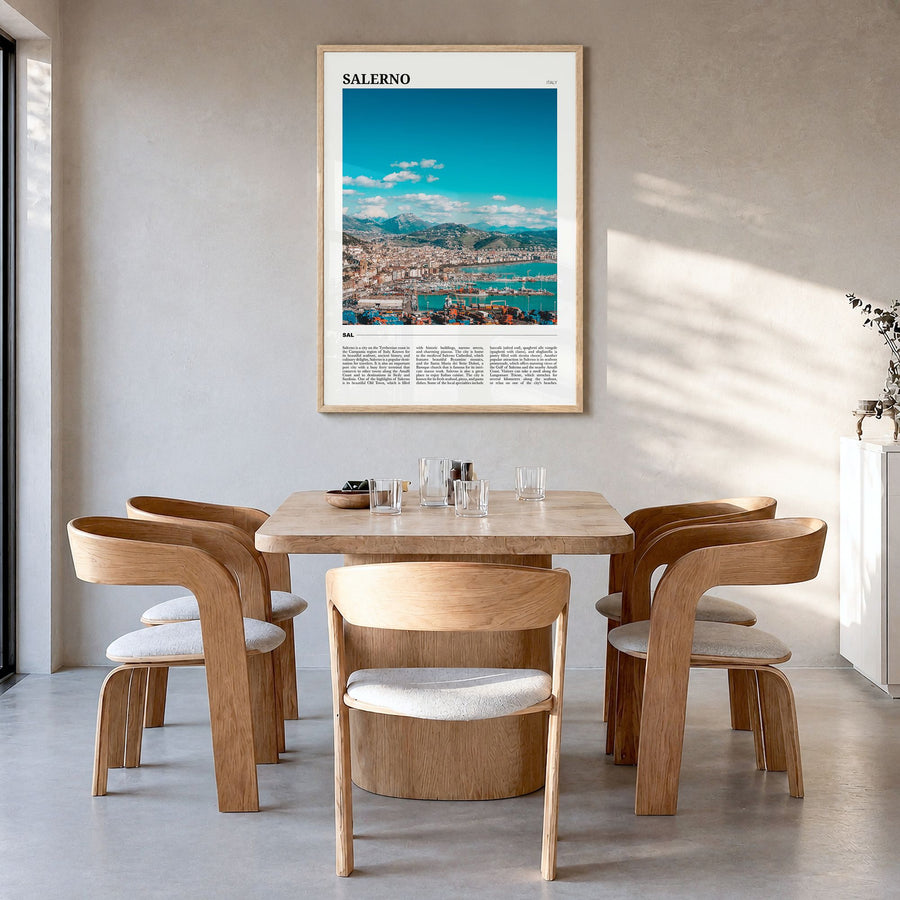 Salerno Travel Poster in a natural wood frame, hanging in a dining room