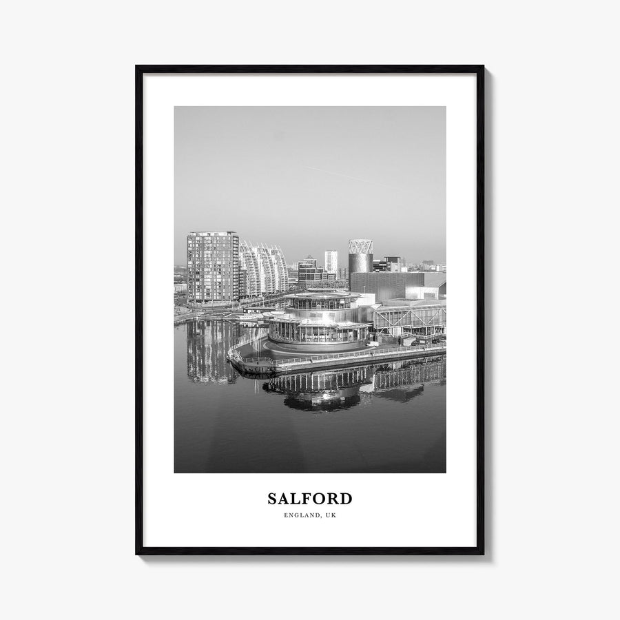 Salford black & white classic poster of United Kingdom – vertical wall art, unframed print shown in interior mockup