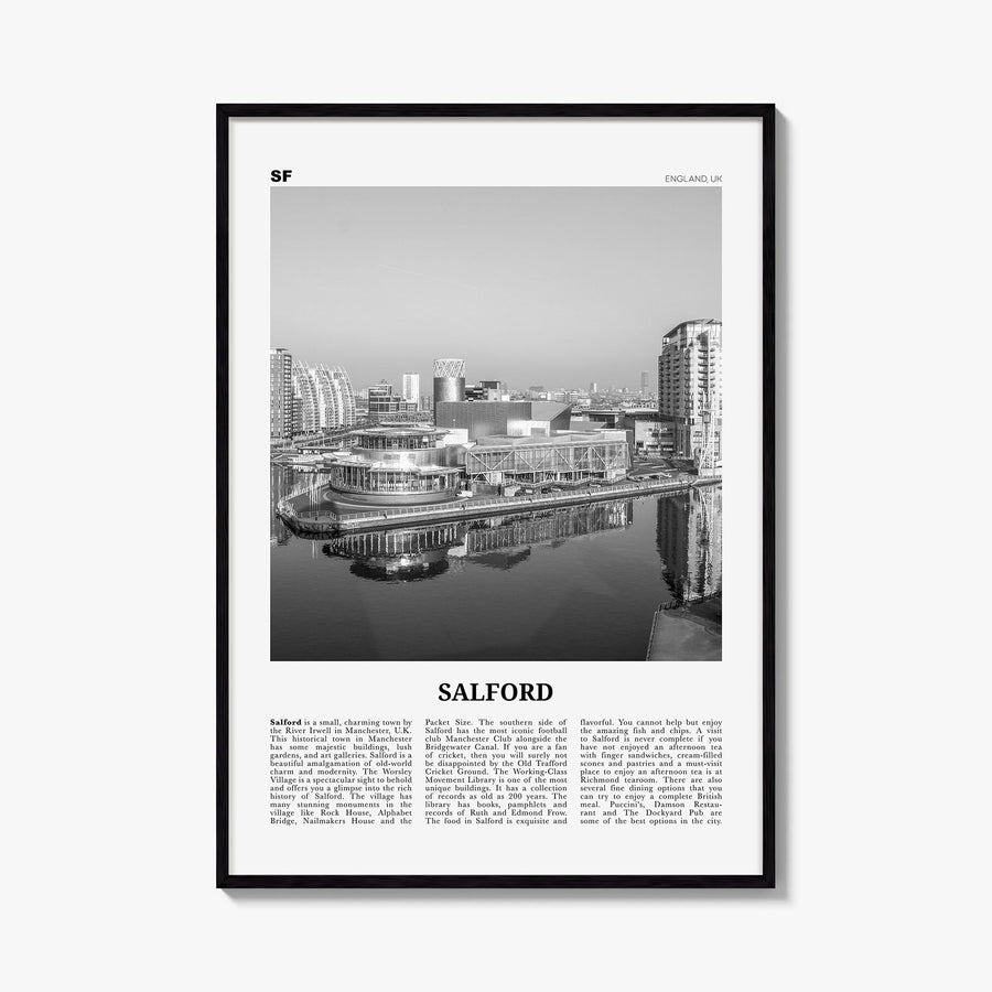 Salford black & white newspaper poster of United Kingdom – vertical wall art, unframed print shown in interior mockup