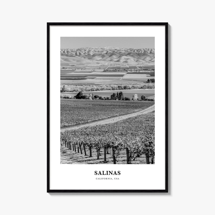 Salinas black & white classic poster of California, USA – vertical wall art, unframed print shown in interior mockup