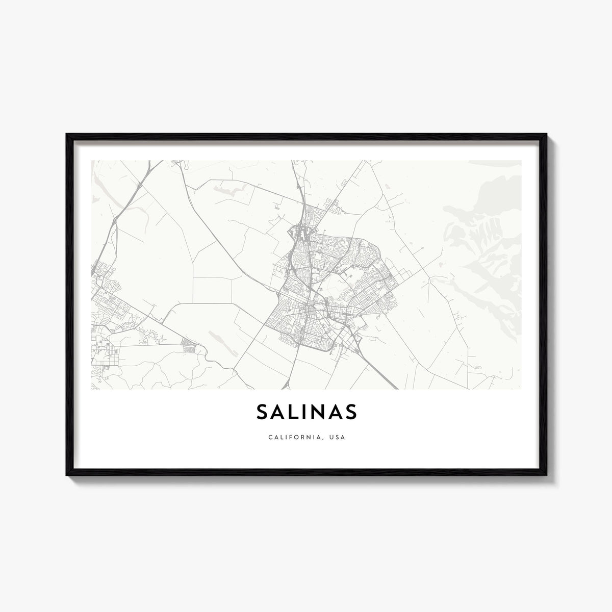 Salinas black & white map poster of California, USA – horizontal wall art, unframed print shown in interior mockup