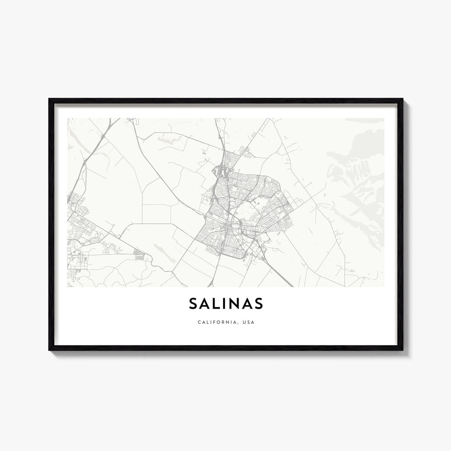 Salinas black & white map poster of California, USA – horizontal wall art, unframed print shown in interior mockup