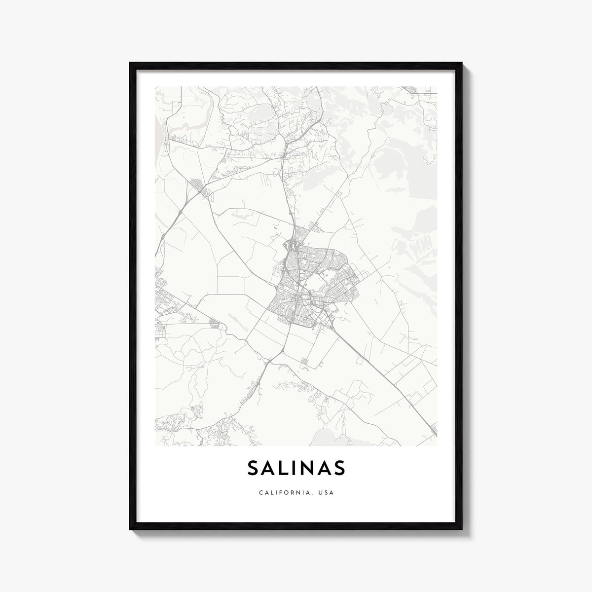 Salinas black & white map poster of California, USA – vertical wall art, unframed print shown in interior mockup