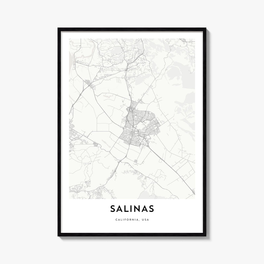 Salinas black & white map poster of California, USA – vertical wall art, unframed print shown in interior mockup