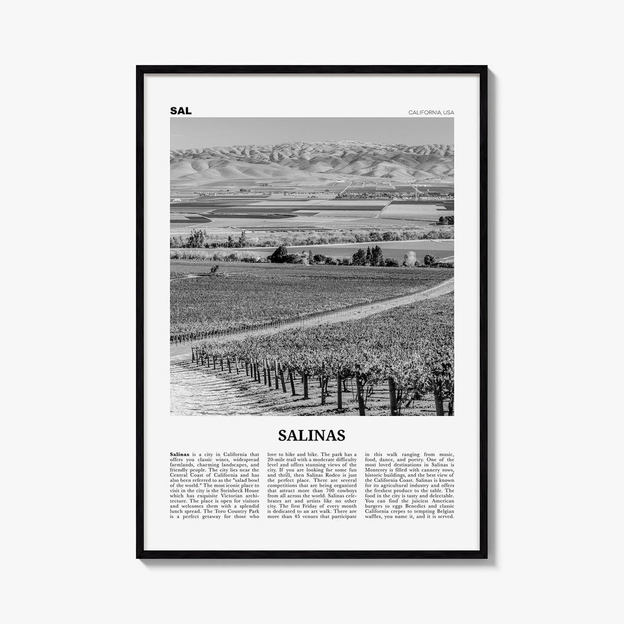 Salinas black & white newspaper poster of California, USA – vertical wall art, unframed print shown in interior mockup