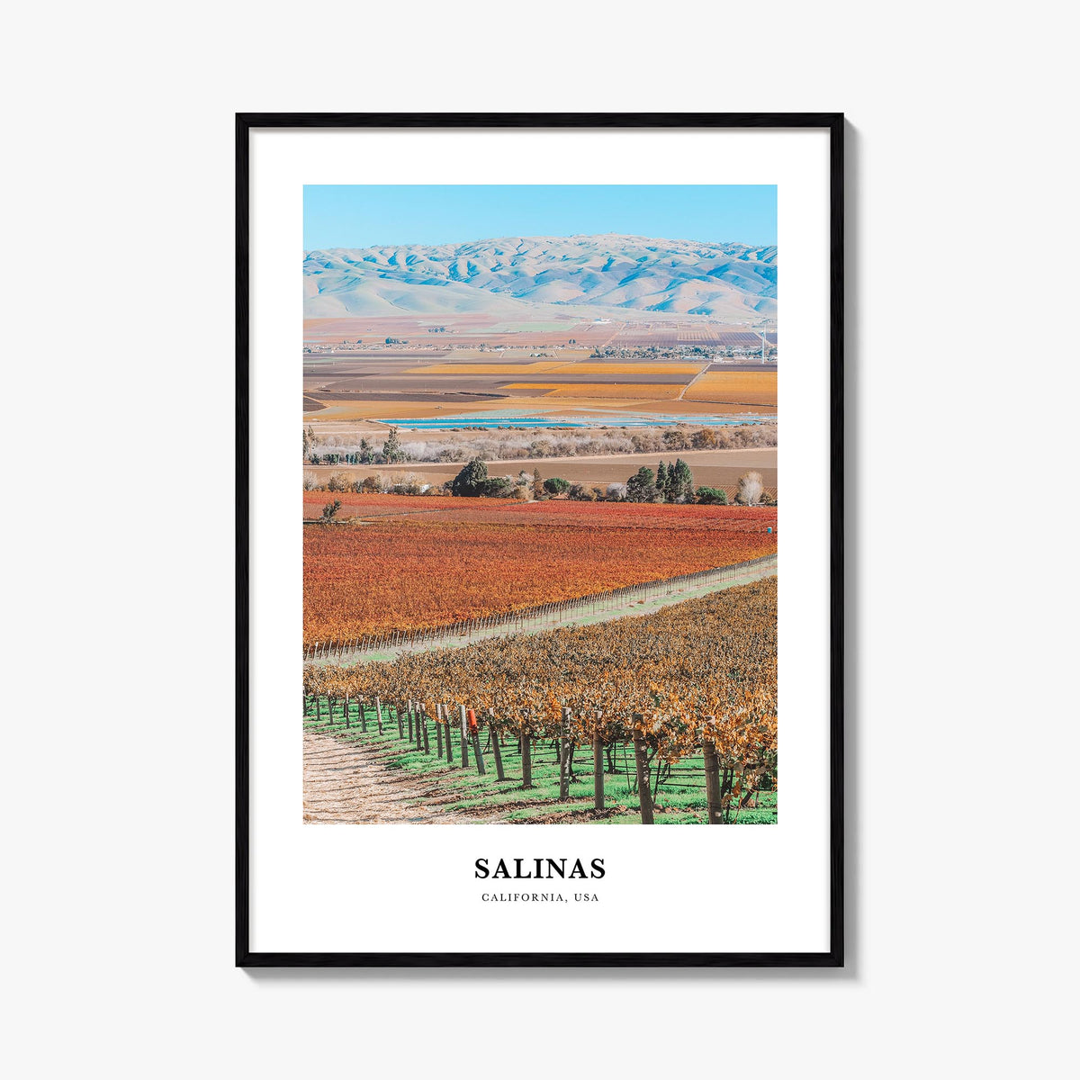 Salinas colorful classic poster of California, USA – vertical wall art, unframed print shown in interior mockup