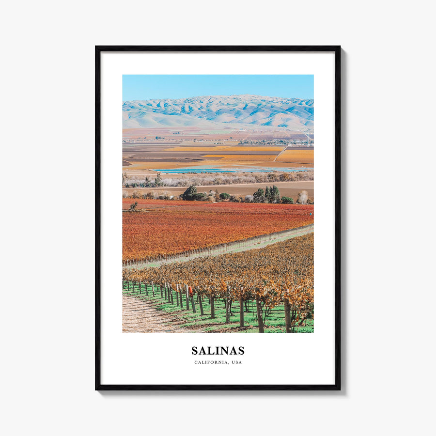 Salinas colorful classic poster of California, USA – vertical wall art, unframed print shown in interior mockup