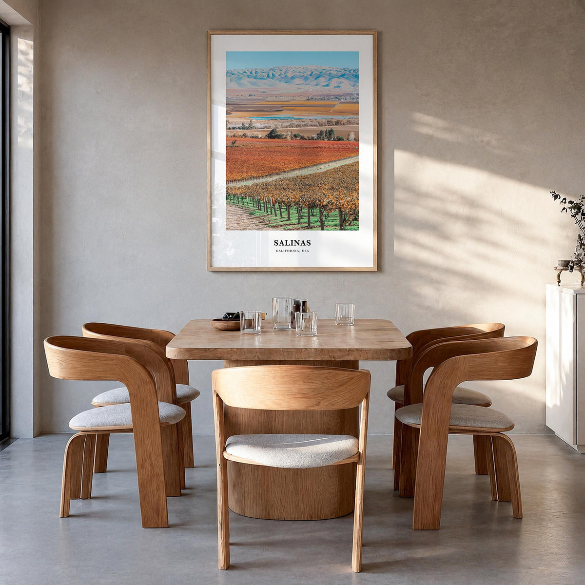 Salinas colorful classic poster of California, USA – vertical wall art in natural wood frame, hanging on wall