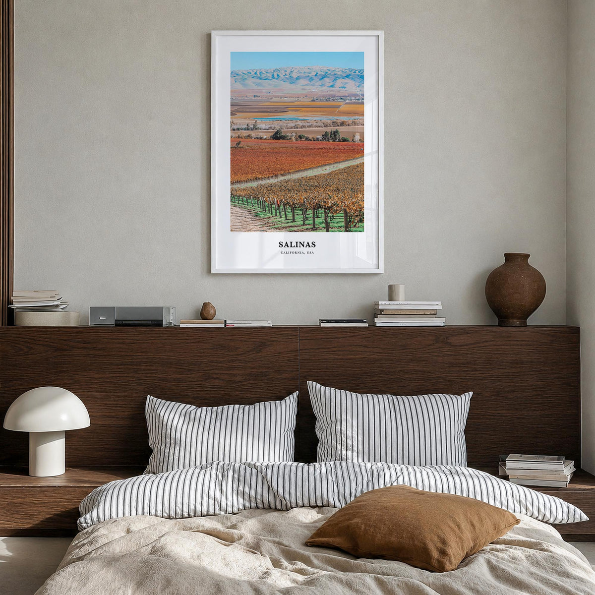 Salinas colorful classic poster of California, USA – vertical wall art in white wood frame, hanging on wall