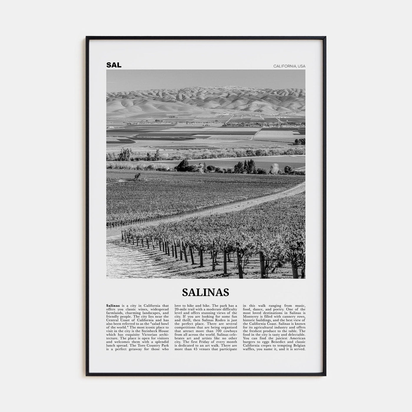 Salinas Poster Black Metal / 8x12 in Nbourhood Travel B&W Poster