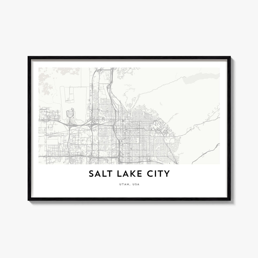 Salt Lake City black & white map poster of Utah, USA – horizontal wall art, unframed print shown in interior mockup