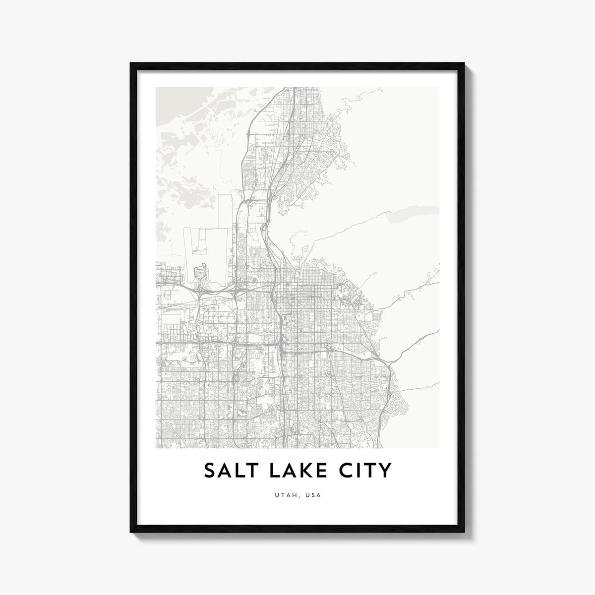 Salt Lake City black & white map poster of Utah, USA – vertical wall art, unframed print shown in interior mockup