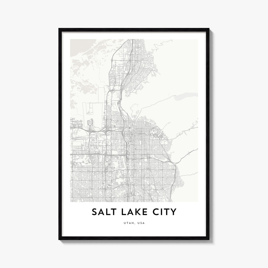 Salt Lake City black & white map poster of Utah, USA – vertical wall art, unframed print shown in interior mockup