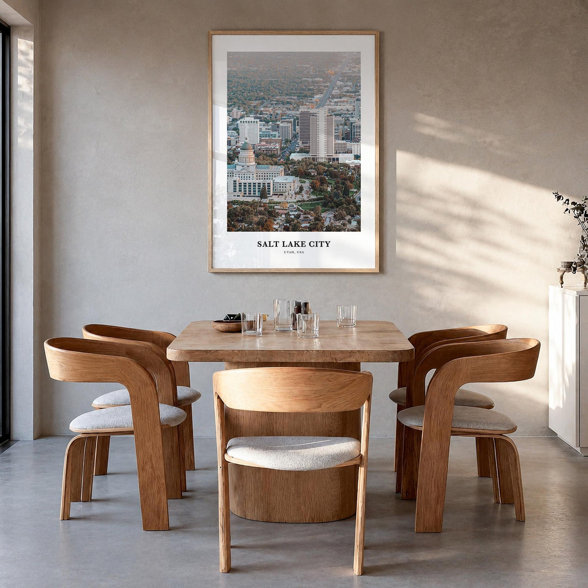 Salt Lake City colorful classic poster of Utah, USA – vertical wall art in natural wood frame, hanging on wall