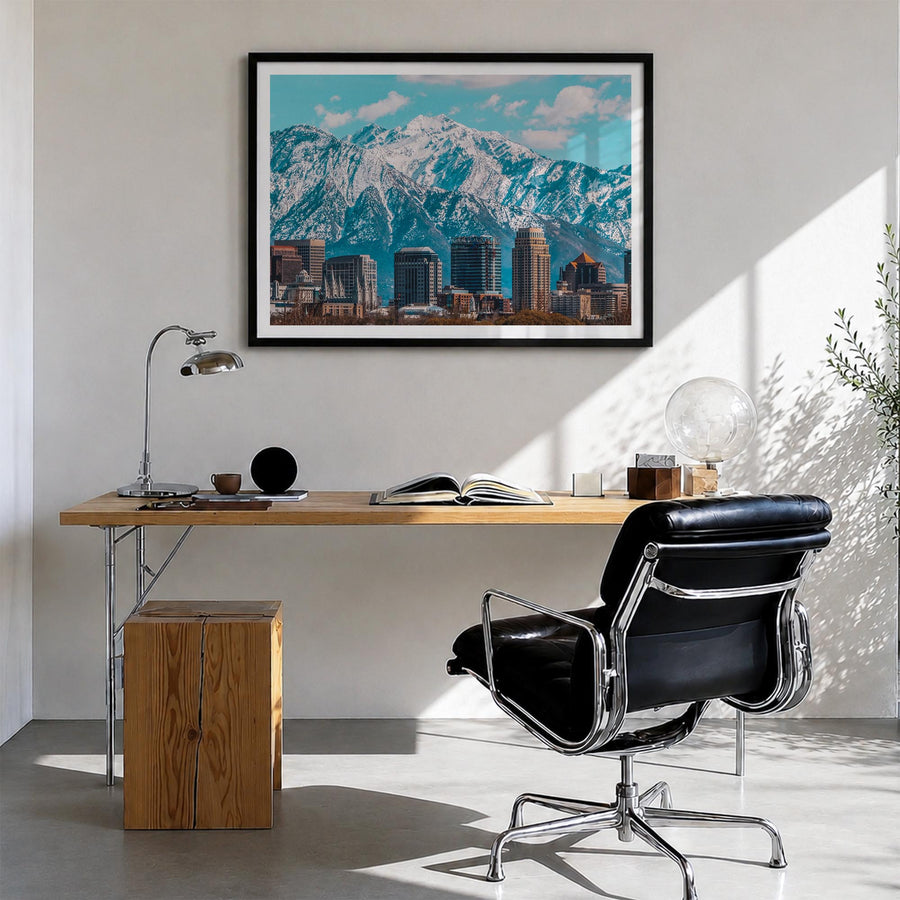 Salt Lake City colorful photo poster of Utah, USA – horizontal wall art in black wood frame with white border, hanging on wal