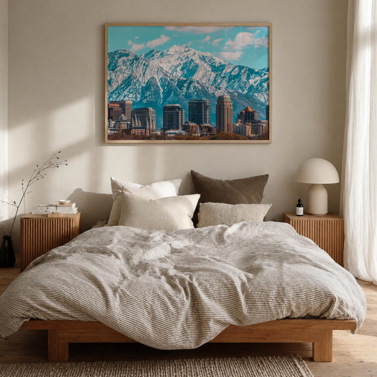 Salt Lake City colorful photo poster of Utah, USA – horizontal wall art in natural wood frame, hanging on wall