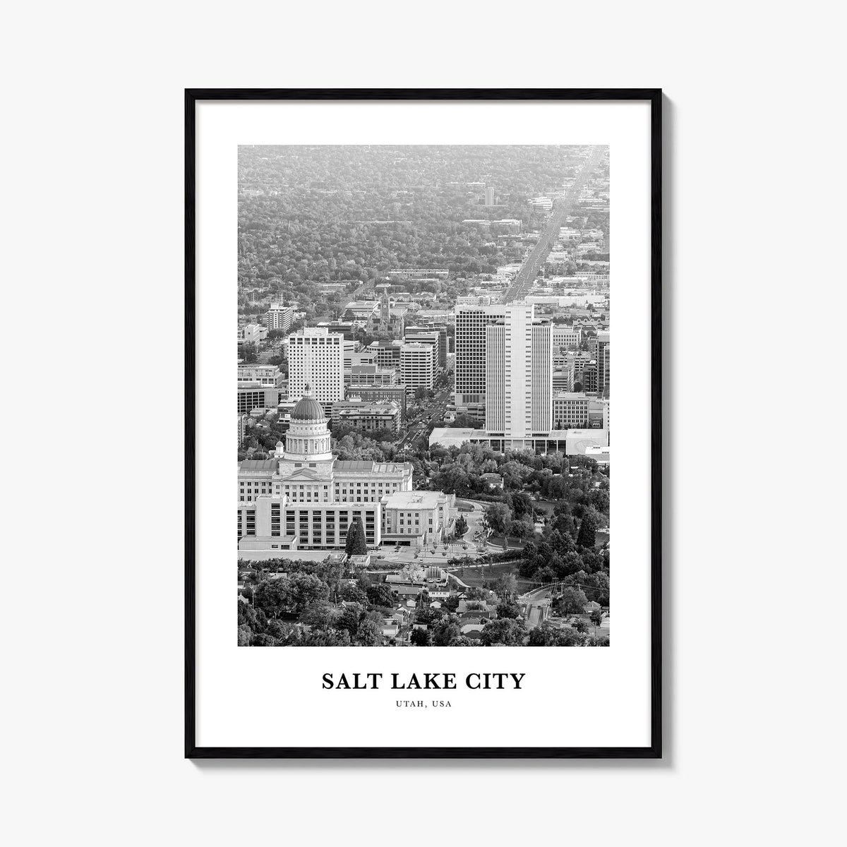 Salt Lake City no. 1 black & white classic poster of Utah, USA – vertical wall art, unframed print shown in interior mockup