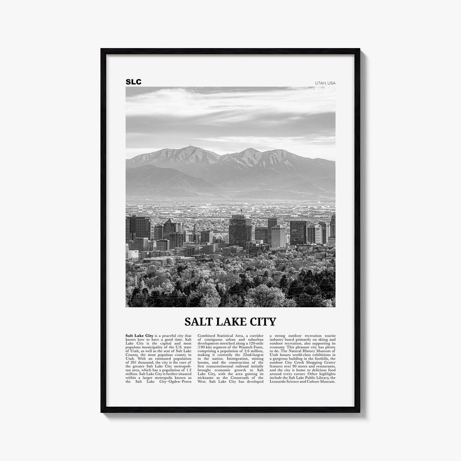Salt Lake City no. 1 black & white newspaper poster of Utah, USA – vertical wall art, unframed print shown in interior mockup