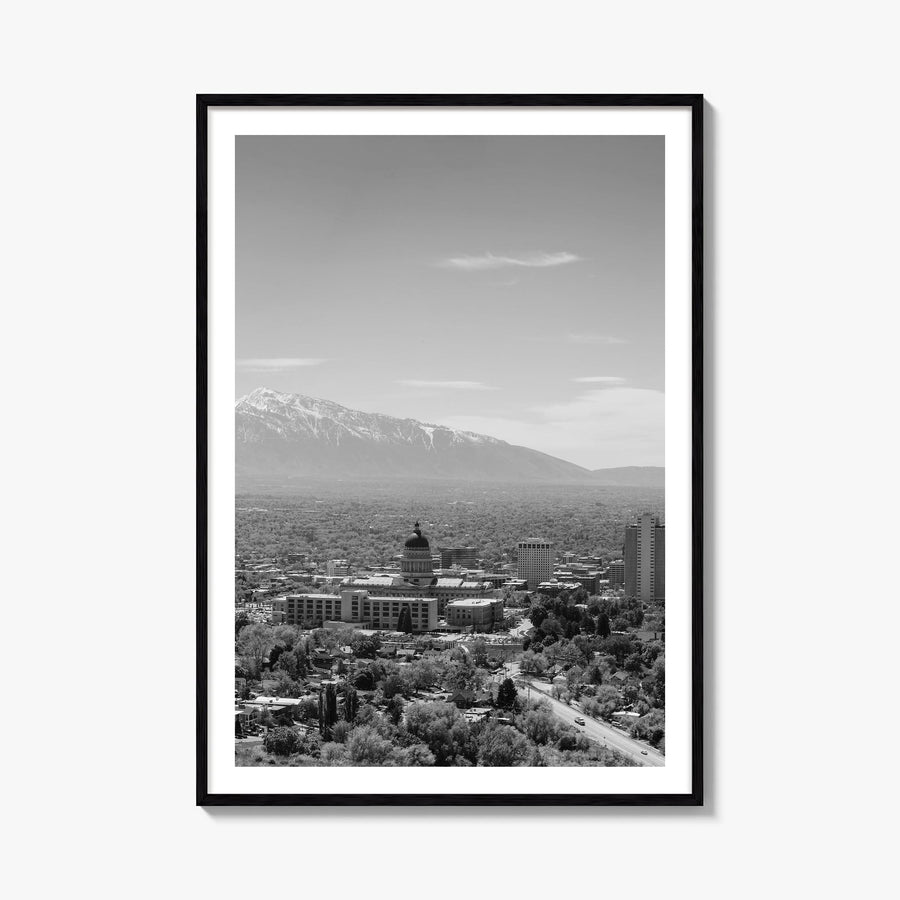 Salt Lake City no. 1 black & white photo poster of Utah, USA – vertical wall art, unframed print shown in interior mockup