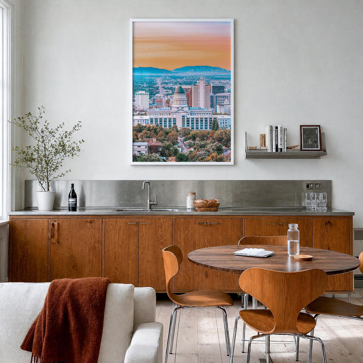 Salt Lake City no. 1 colorful photo poster of Utah, USA – vertical wall art in white wood frame, hanging on wall