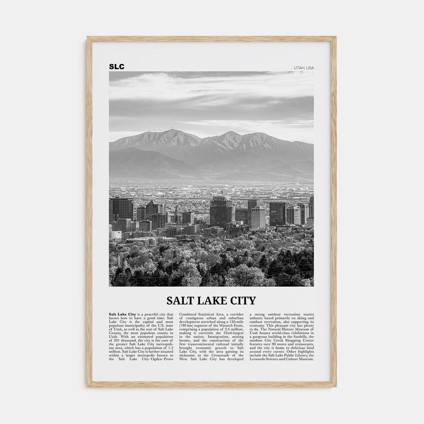 Salt Lake City No 1 Poster Natural Wood / 8x12 in Nbourhood Travel B&W Poster