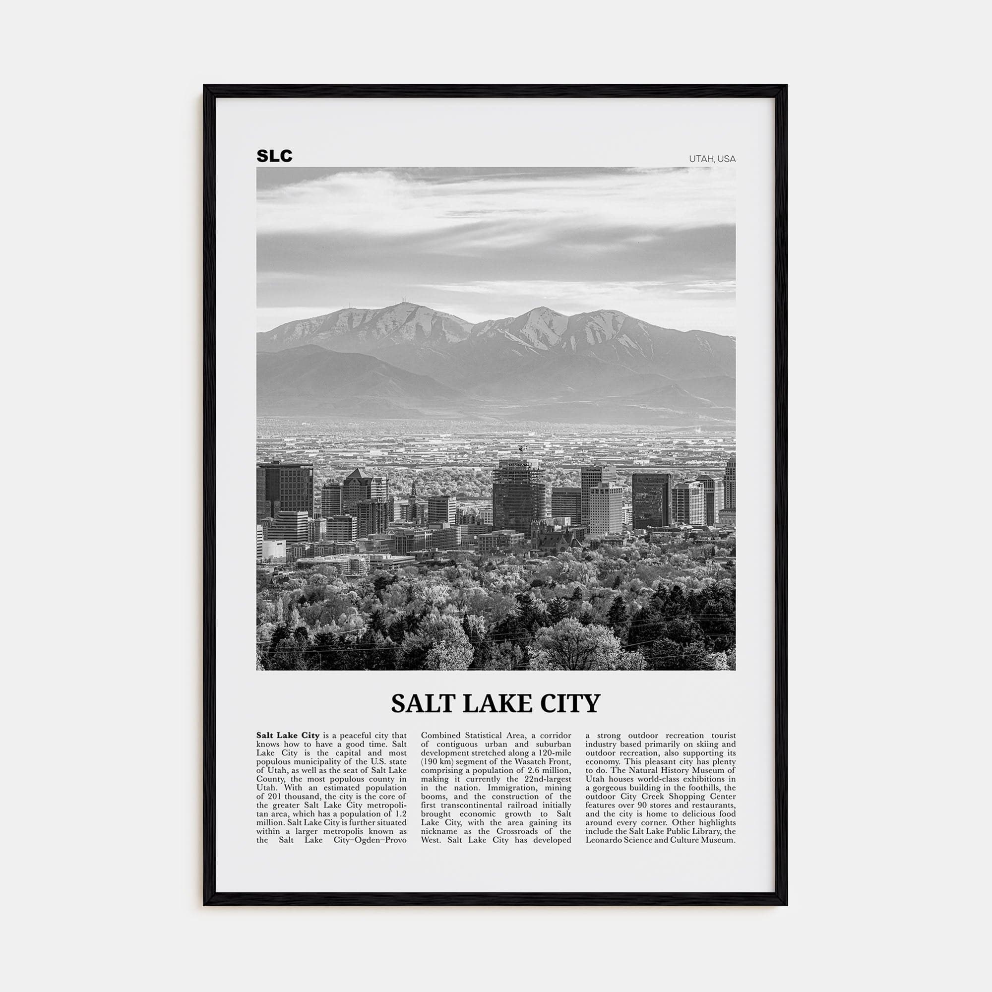 Salt Lake City No 1 Poster Black Wood / 8x12 in Nbourhood Travel B&W Poster