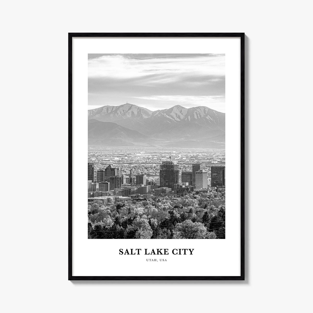 Salt Lake City no. 2 black & white classic poster of Utah, USA – vertical wall art, unframed print shown in interior mockup