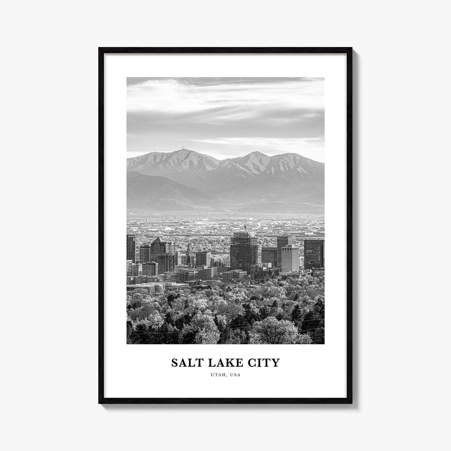 Salt Lake City no. 2 black & white classic poster of Utah, USA – vertical wall art, unframed print shown in interior mockup