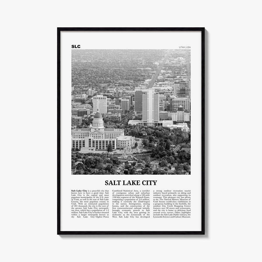 Salt Lake City no. 2 black & white newspaper poster of Utah, USA – vertical wall art, unframed print shown in interior mockup