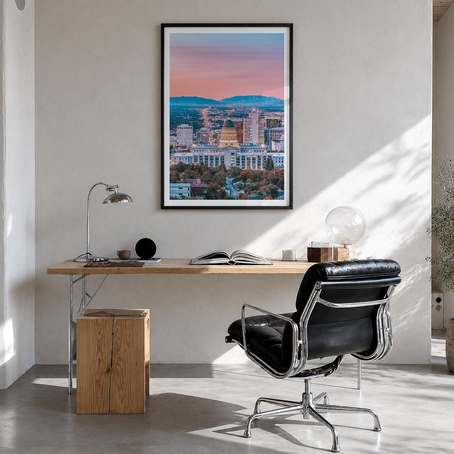 Salt Lake City no. 2 colorful photo poster of Utah, USA – vertical wall art in black wood frame with white border, hanging on