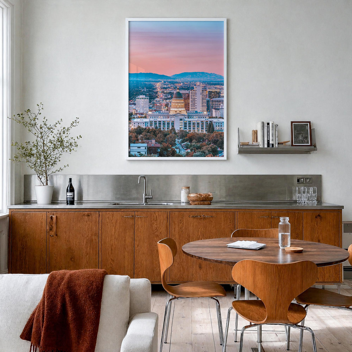 Salt Lake City no. 2 colorful photo poster of Utah, USA – vertical wall art in white wood frame, hanging on wall