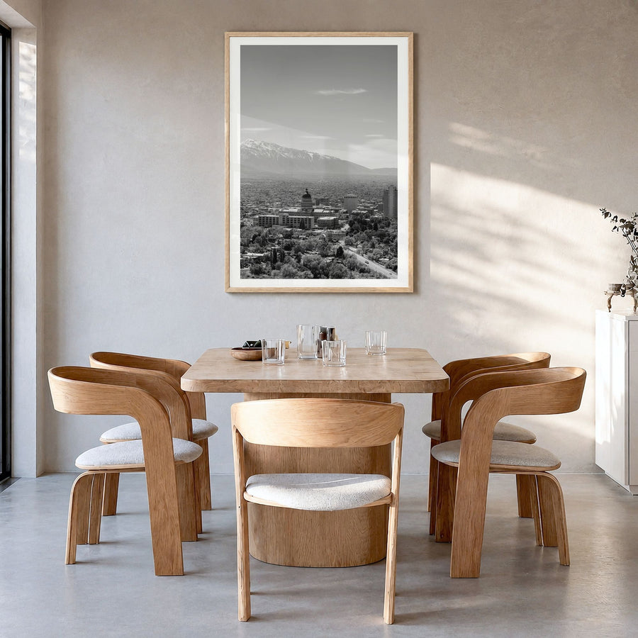Salt Lake City Photo No 1 Poster in a natural wood frame, hanging in a dining room, white border