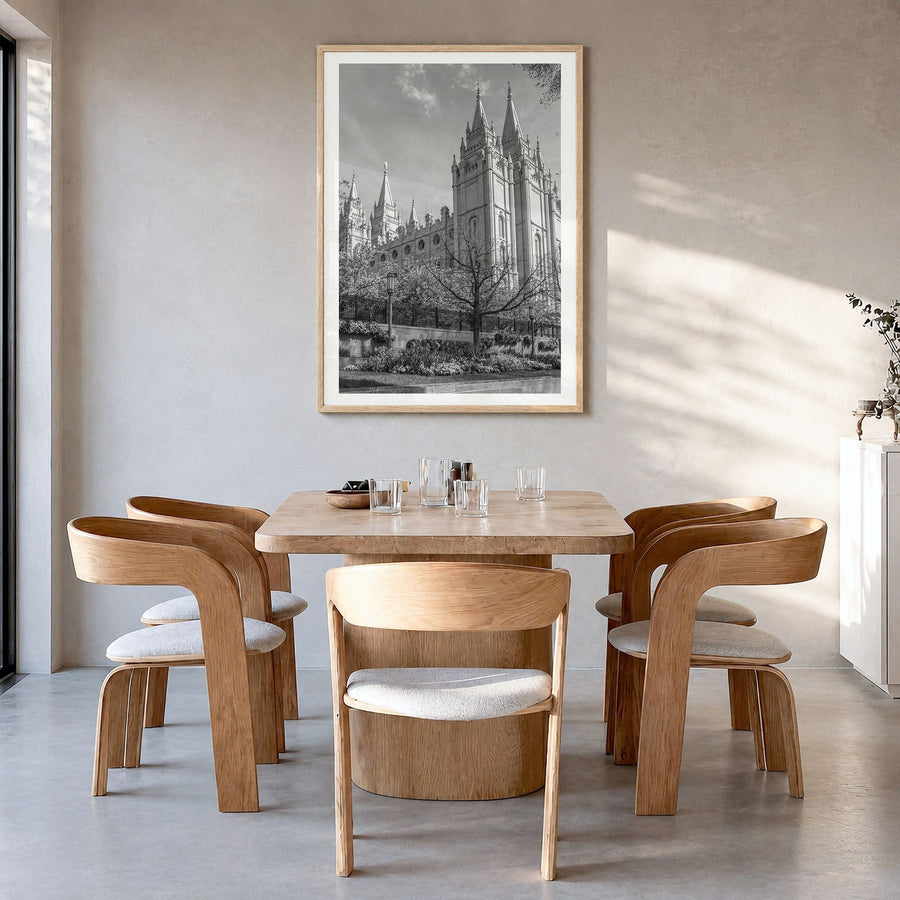 Salt Lake City Photo No 2 Poster in a natural wood frame, hanging in a dining room, white border