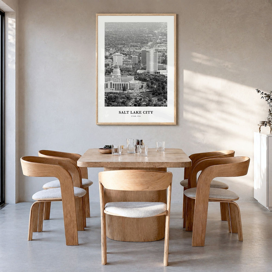 Salt Lake City Classic No 1 Poster in a natural wood frame, hanging in a dining room