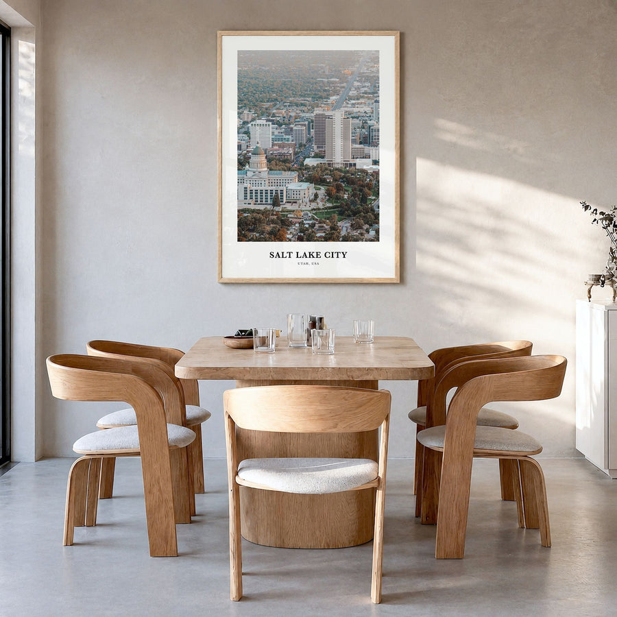 Salt Lake City Classic Poster in a natural wood frame, hanging in a dining room