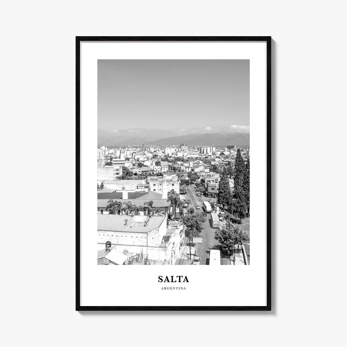 Salta black & white classic poster of Argentina – vertical wall art, unframed print shown in interior mockup