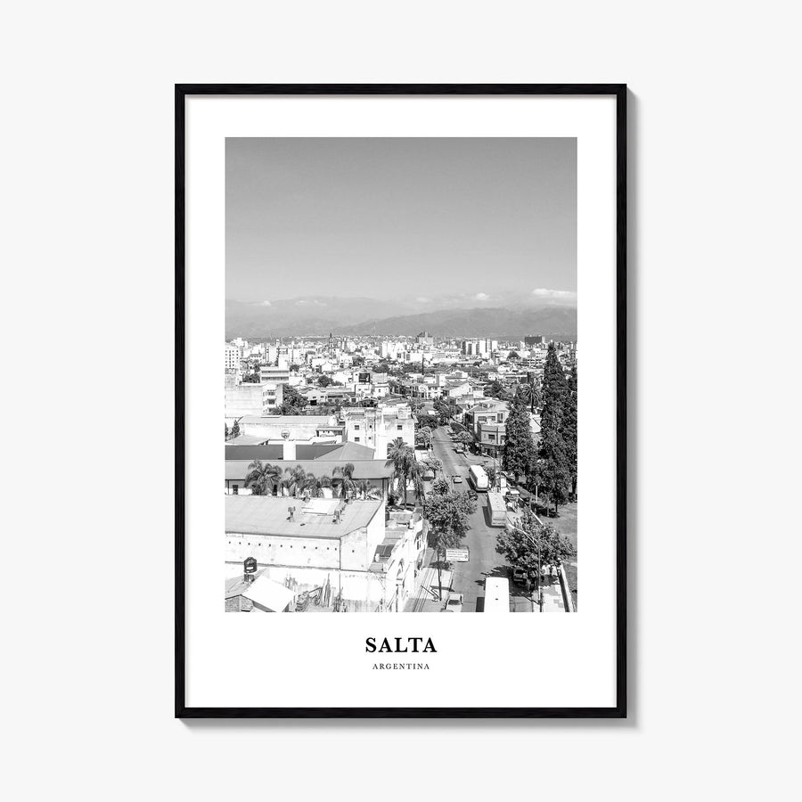 Salta black & white classic poster of Argentina – vertical wall art, unframed print shown in interior mockup
