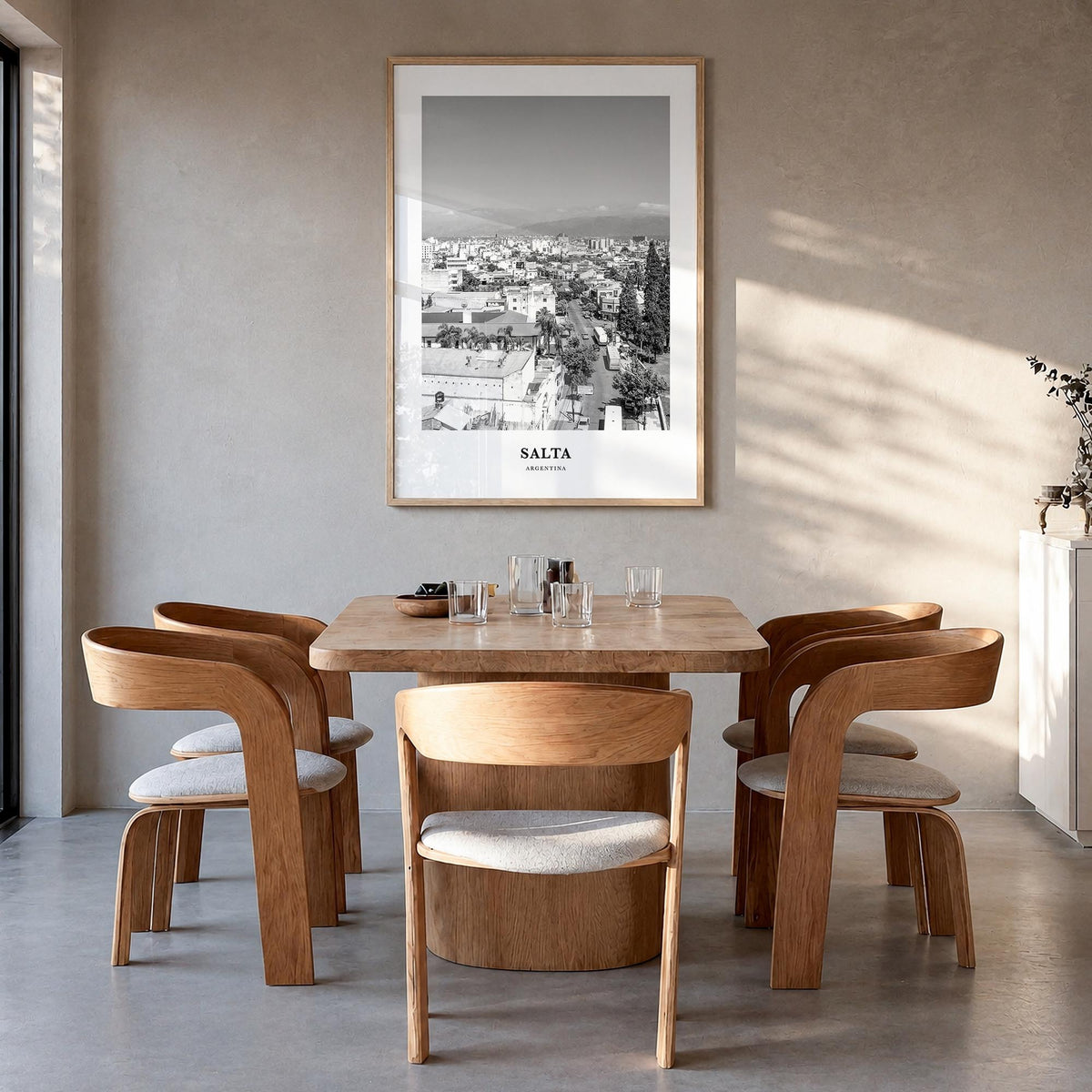 Salta black & white classic poster of Argentina – vertical wall art in natural wood frame, hanging on wall
