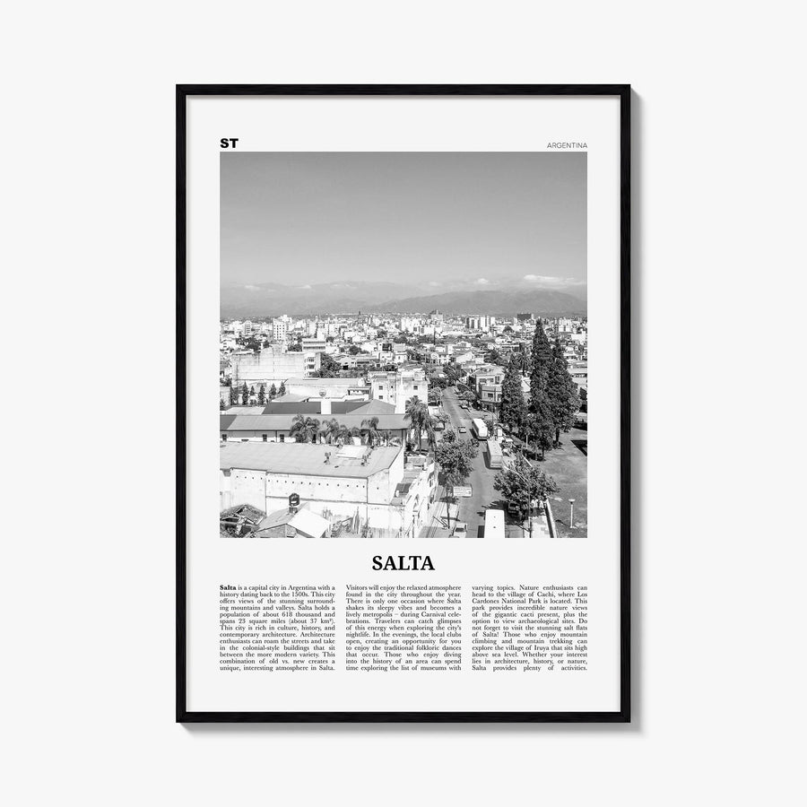 Salta black & white newspaper poster of Argentina – vertical wall art, unframed print shown in interior mockup