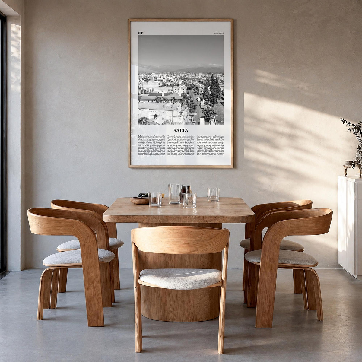 Salta black & white newspaper poster of Argentina – vertical wall art in natural wood frame, hanging on wall