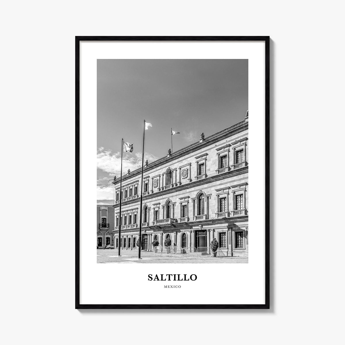 Saltillo black & white classic poster of Mexico – vertical wall art, unframed print shown in interior mockup