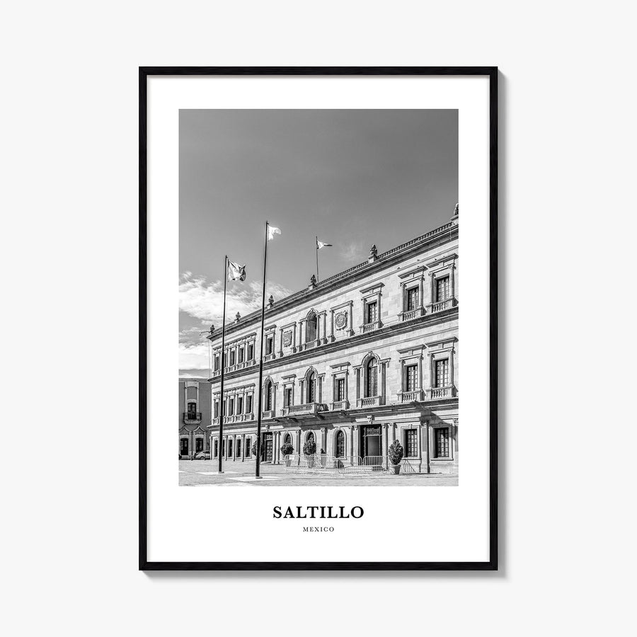 Saltillo black & white classic poster of Mexico – vertical wall art, unframed print shown in interior mockup