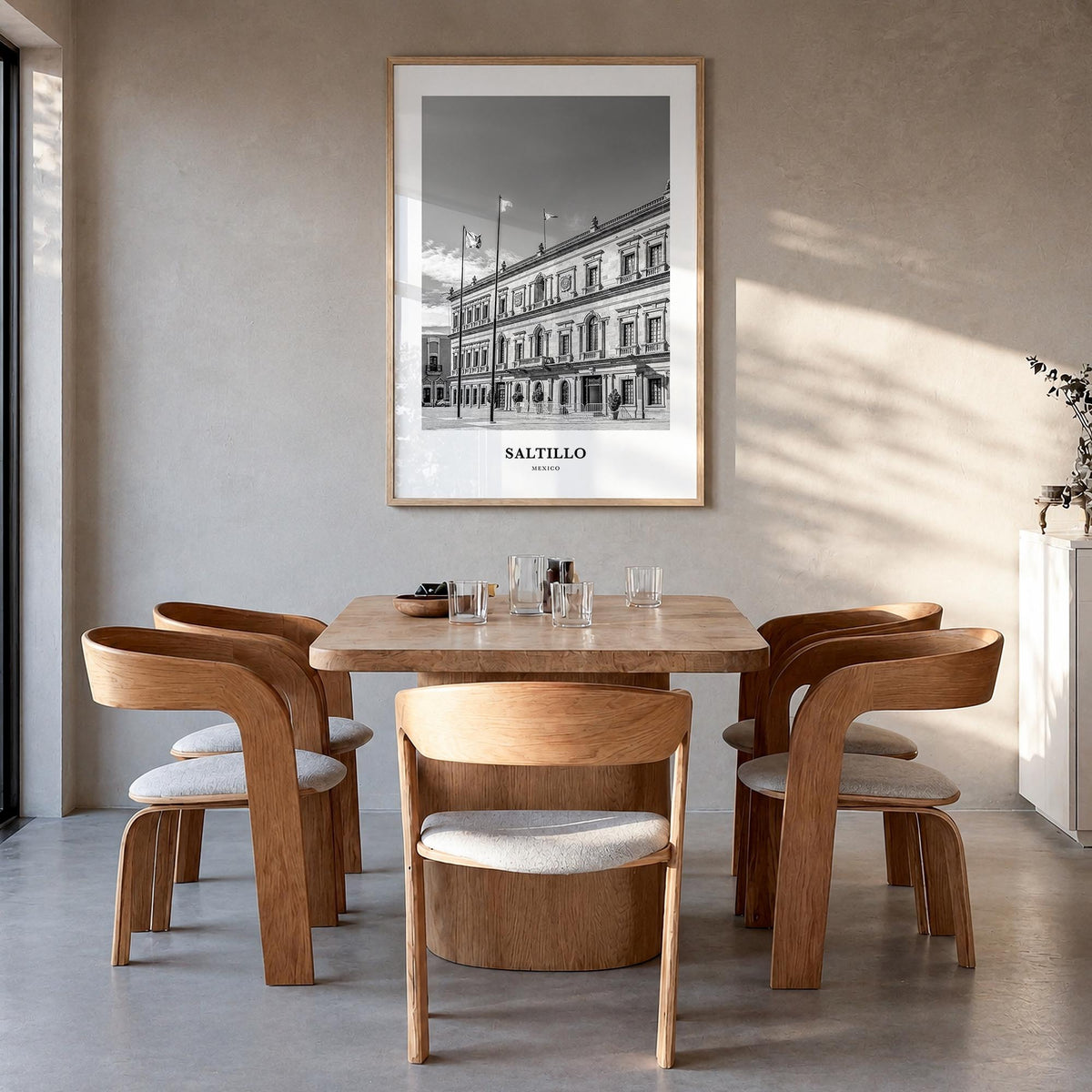 Saltillo black & white classic poster of Mexico – vertical wall art in natural wood frame, hanging on wall