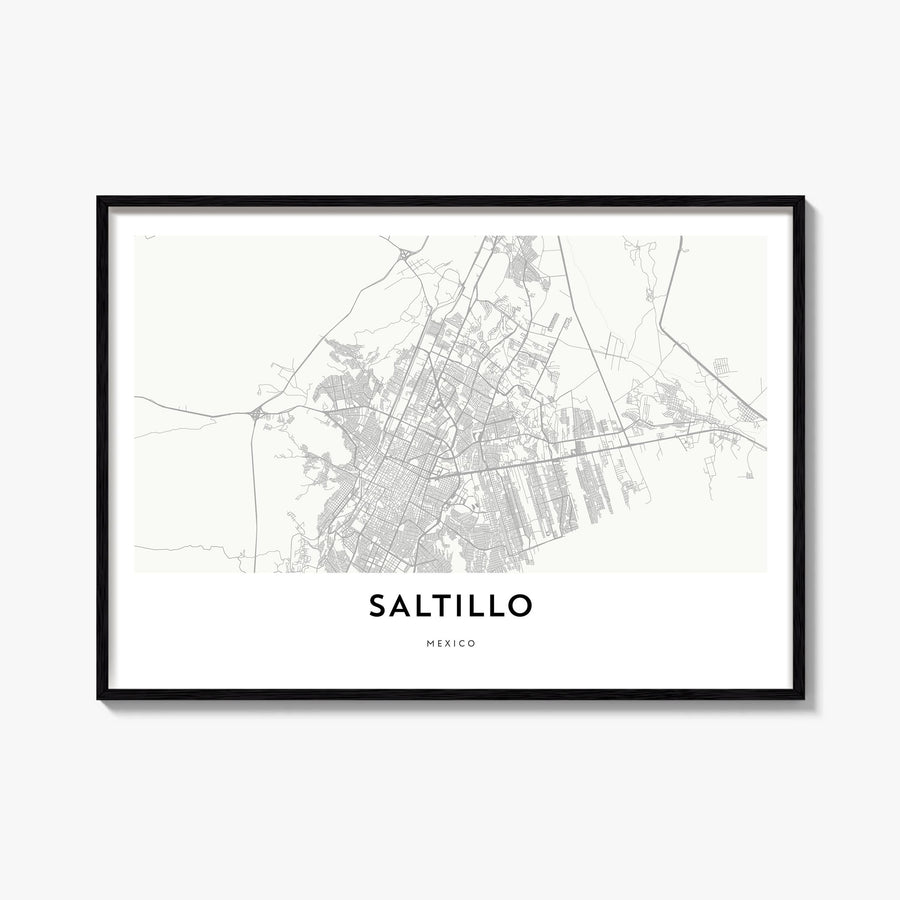 Saltillo black & white map poster of Mexico – horizontal wall art, unframed print shown in interior mockup